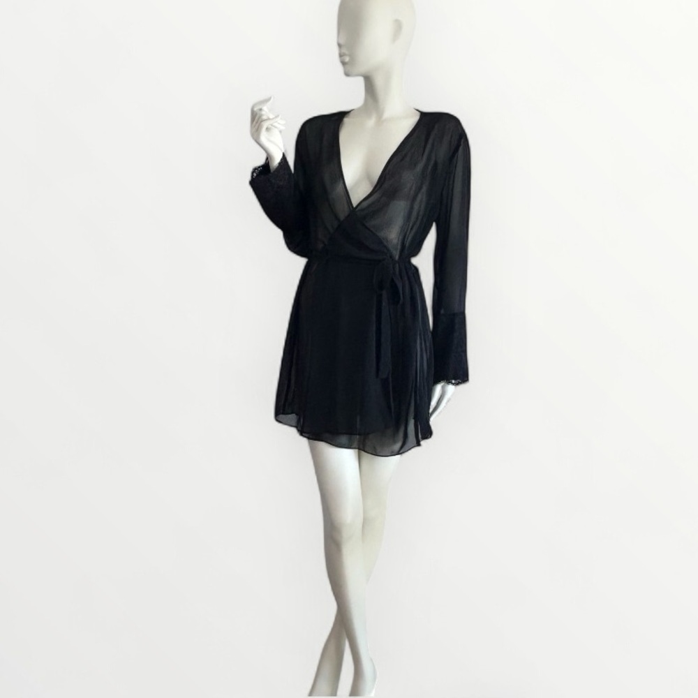 Vintage 80s Sheer Black Shorty Wrap Robe